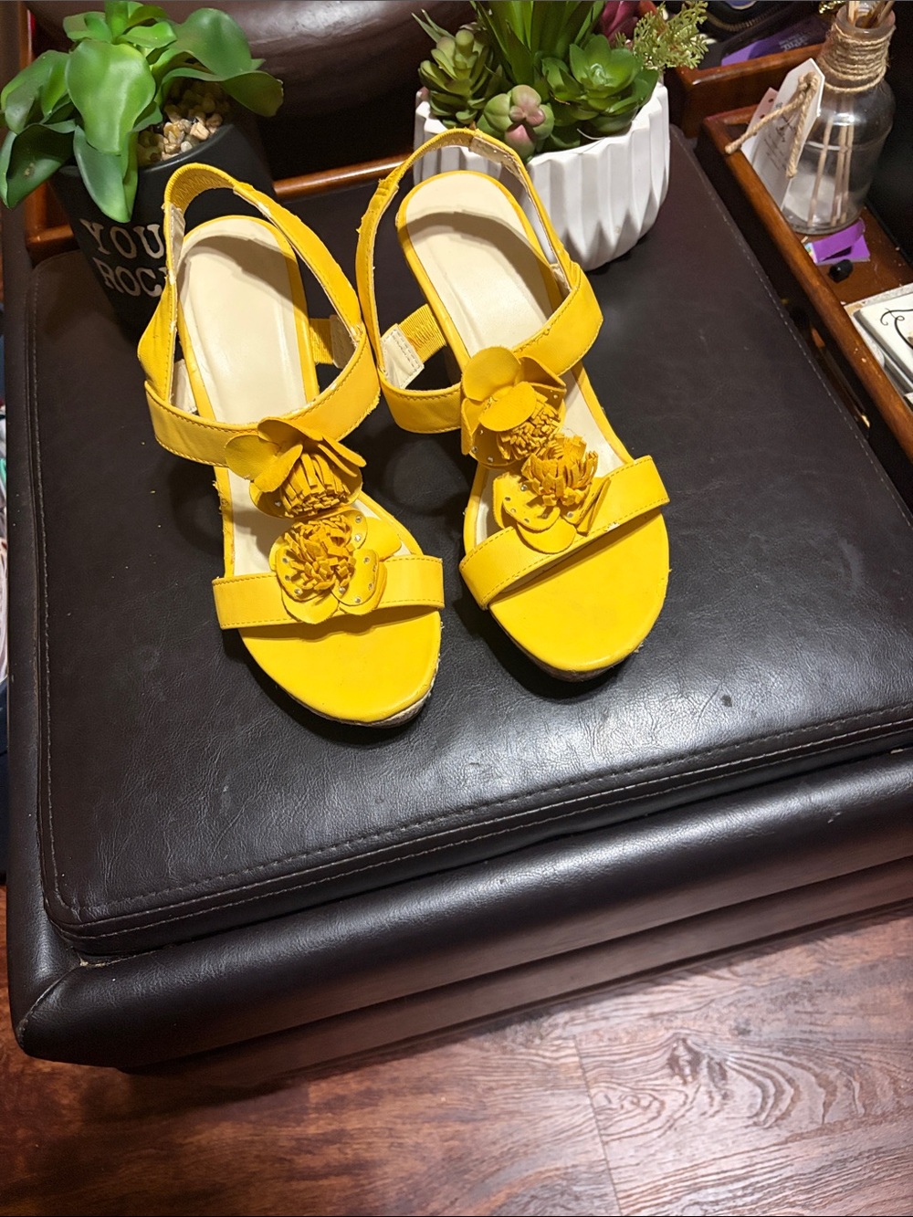 Source Unknown Yellow Floral Slingback Wedge Sandals